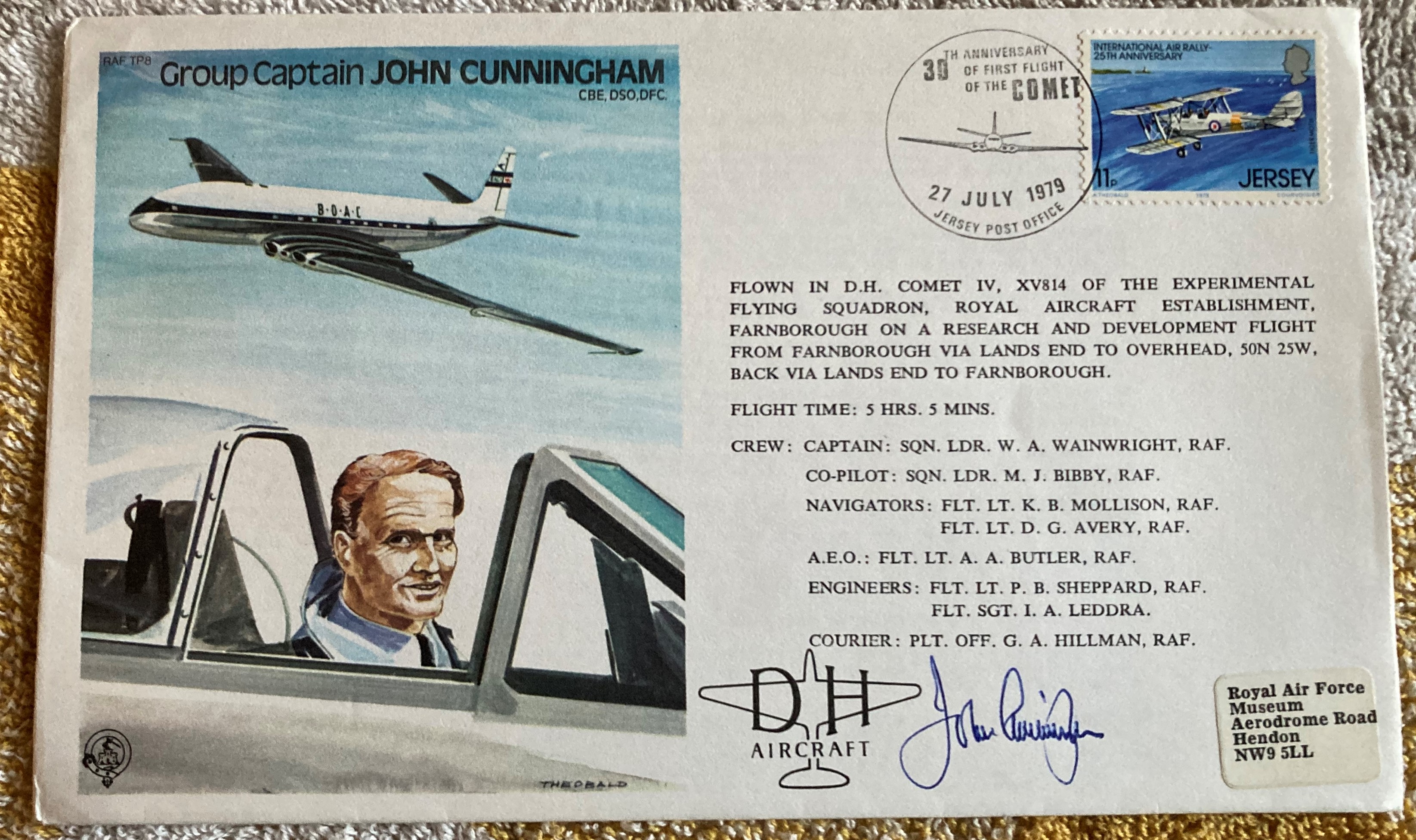 WW2 top Nightfighter ace John Cunningham DSO DFC signed on his own test pilot cover. Good Condition.