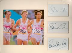 Seb Coe, Steve Ovett and Steve Cram Signed Signature pieces, With Colour Magazine Cutting, Mounted