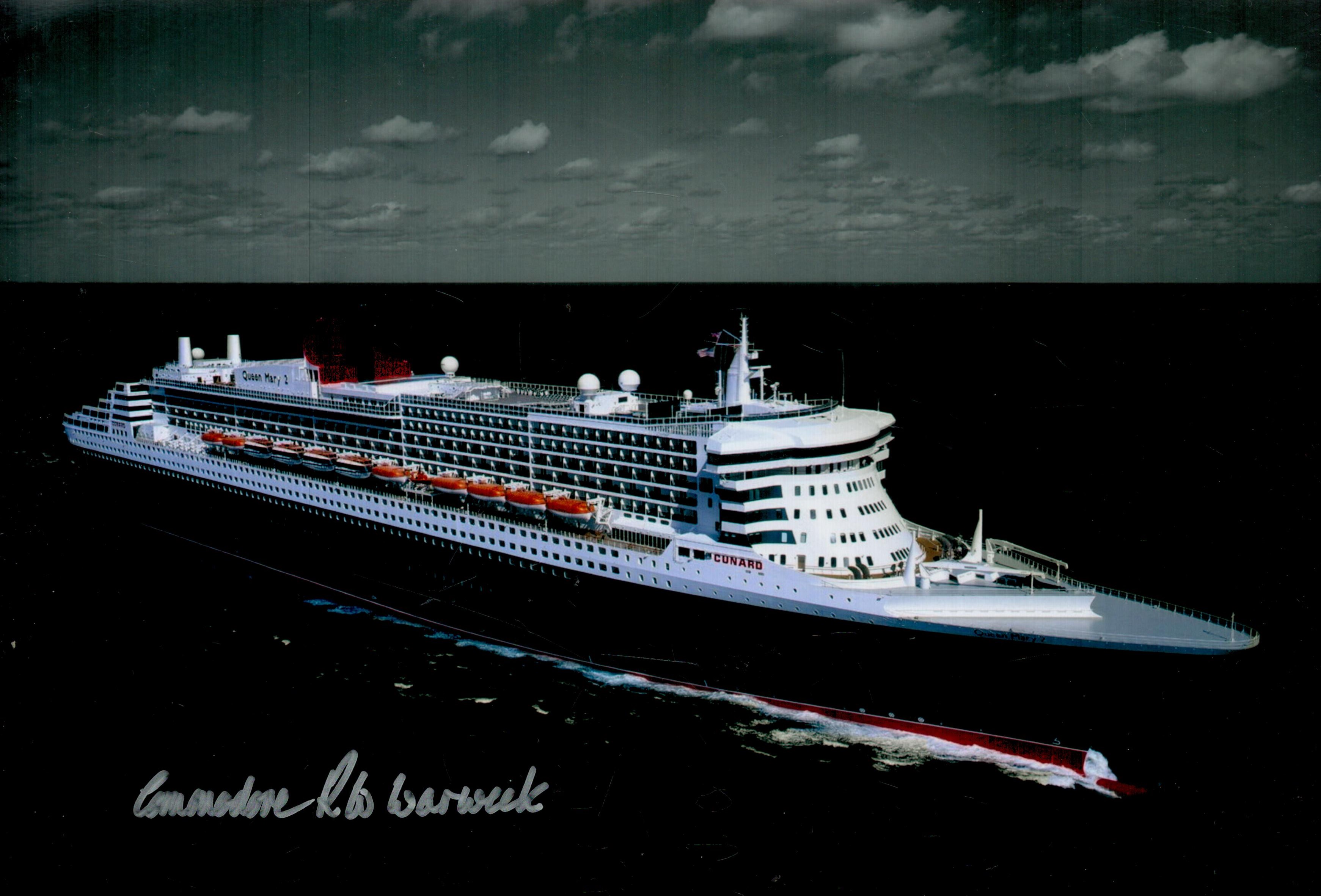 Commodore R.W Warwick signed Cunard Queen Mary 2 12x8 colour photo. Good Condition. All autographs