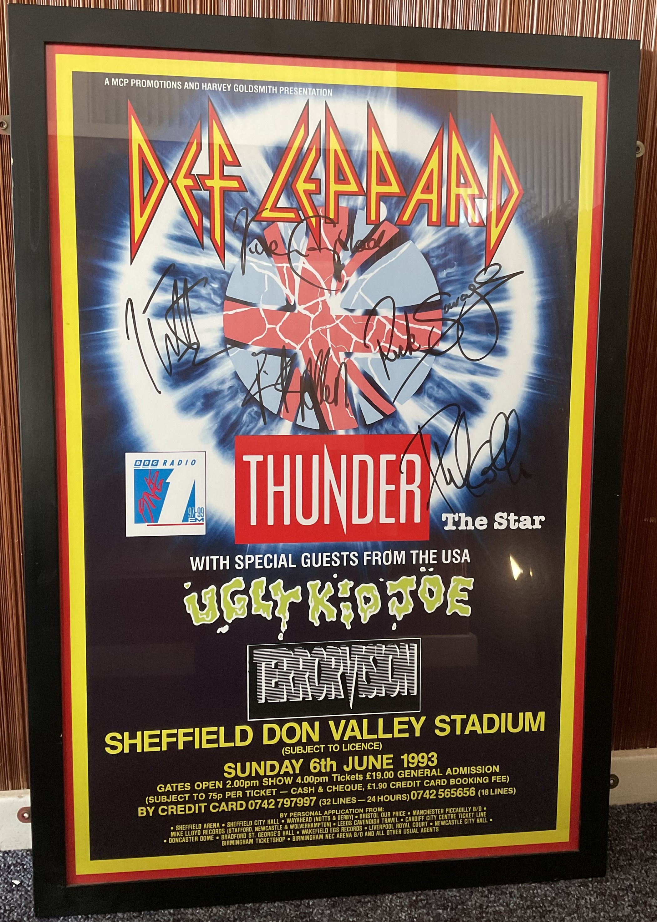 Def Leppard framed multi-signed concert poster with 5 signatures from band members across the