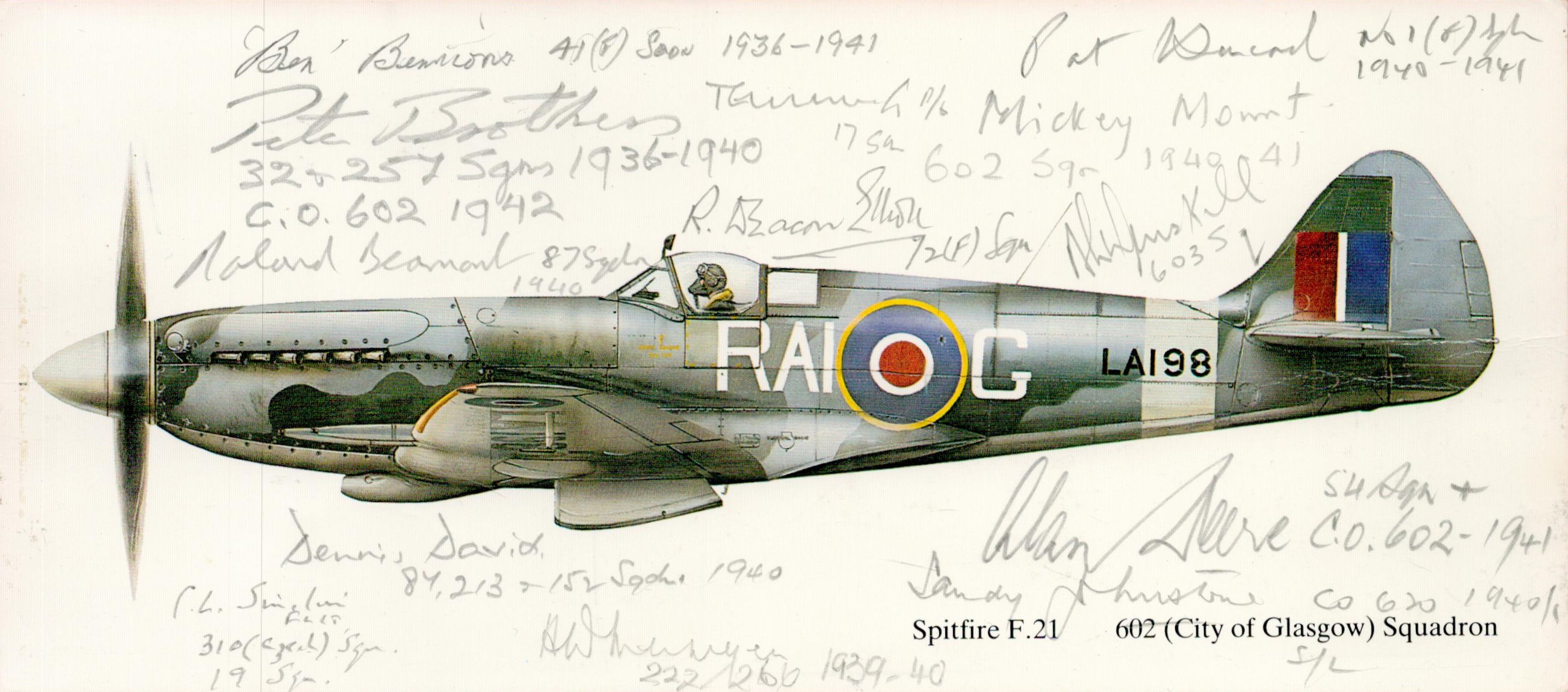 WWII Battle of Britain 602 (City of Glasgow) Squadron multi signed 9x4 Spitfire F.21 illustration