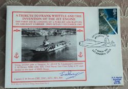 WW2 Eric Winkle Brown DSC AFC signed Navy cover dedicated to the Whittle Jet Engine. Good Condition.