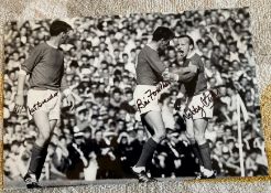 Man Utd football legends Pat Crerand, Bill Foulkes and Nobby Stiles signed 12 x 8 inch b/w photo