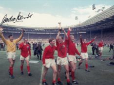 Autographed Gordon Banks 8 X 6 Photo - Col, Depicting England's Bobby Charlton Holding Aloft The