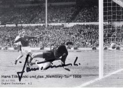 Autographed Hans Tilkowski 6 X 4 Card - B/W, Depicting The West German Keeper Diving In Vain As He