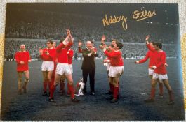Nobby Stiles signed 12 x 8 inch Cup celebration photo with Matt Busby and the team on the pitch.
