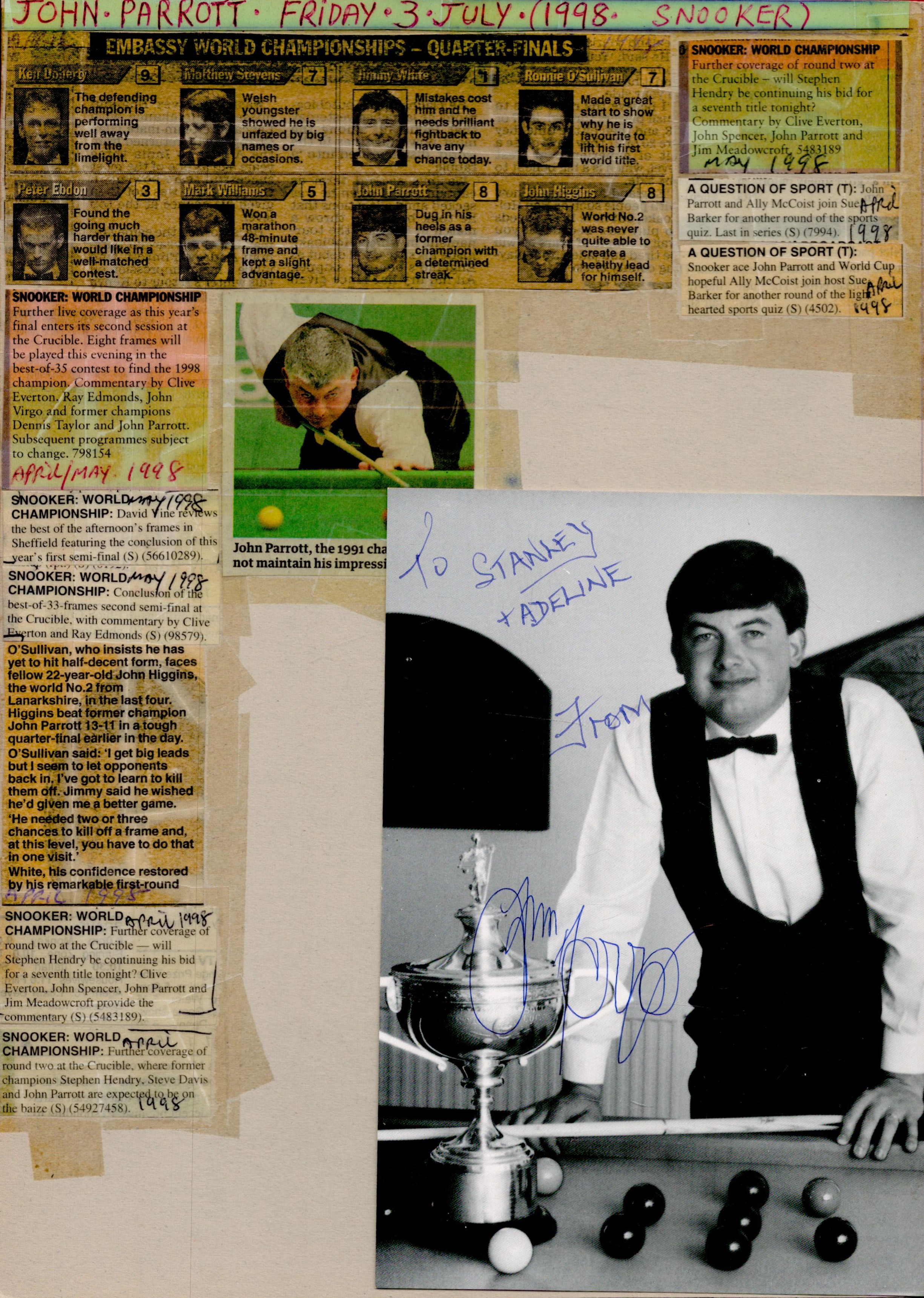 Snooker John Parrott signed 7x5 black and white photo dedicated. Good Condition. All autographs come