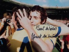 Autographed Frank McLintock 8 X 6 Photo - Col, Depicting The Arsenal Captain Celebrating With Team