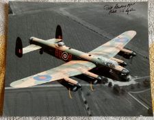 WW2 Bomber Command veteran POW Flt Lt Dick Starkey 46 sqn signed 10 x 8 inch colour Lancaster in