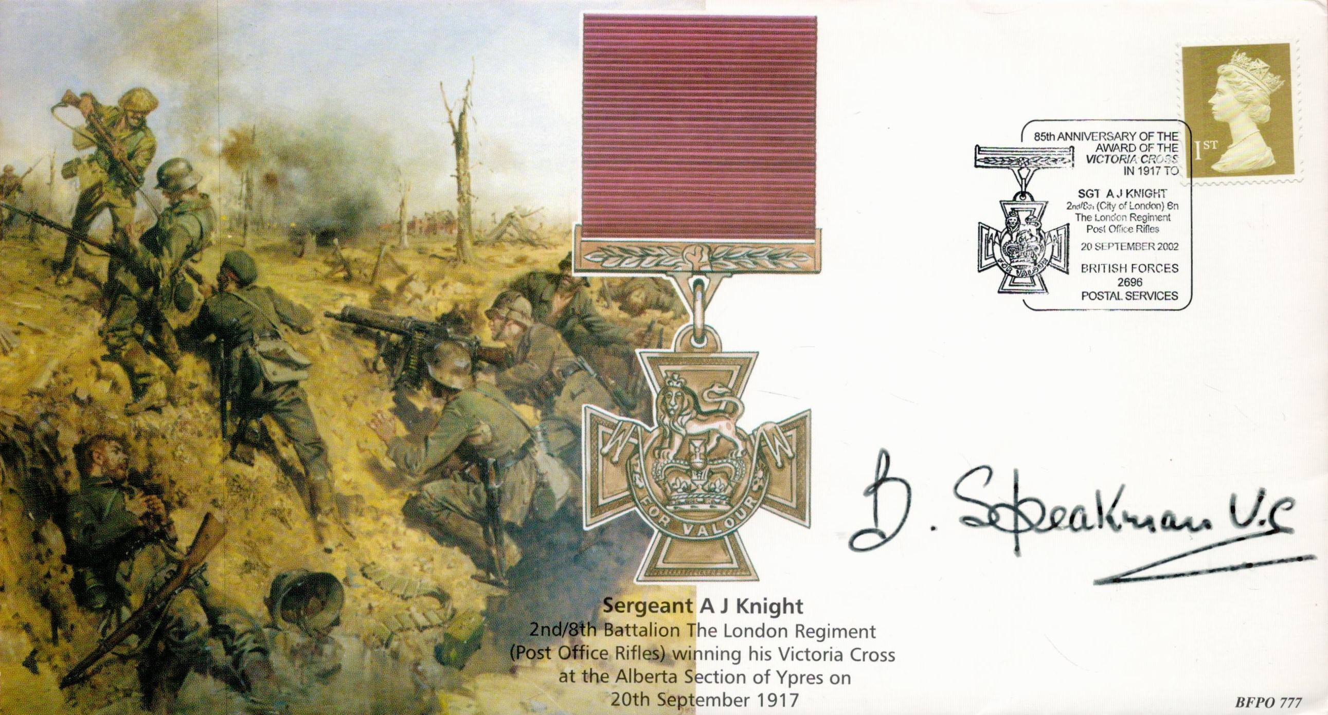 British Soldier Bill Speakman VC Signed Sergeant A J Knight FDC. British Stamp with 20 Sept 2002