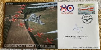 ACM Sir Patrick Hine signed 80th ann RAF cover with Red Arrows and Vulcan bomber illustration.