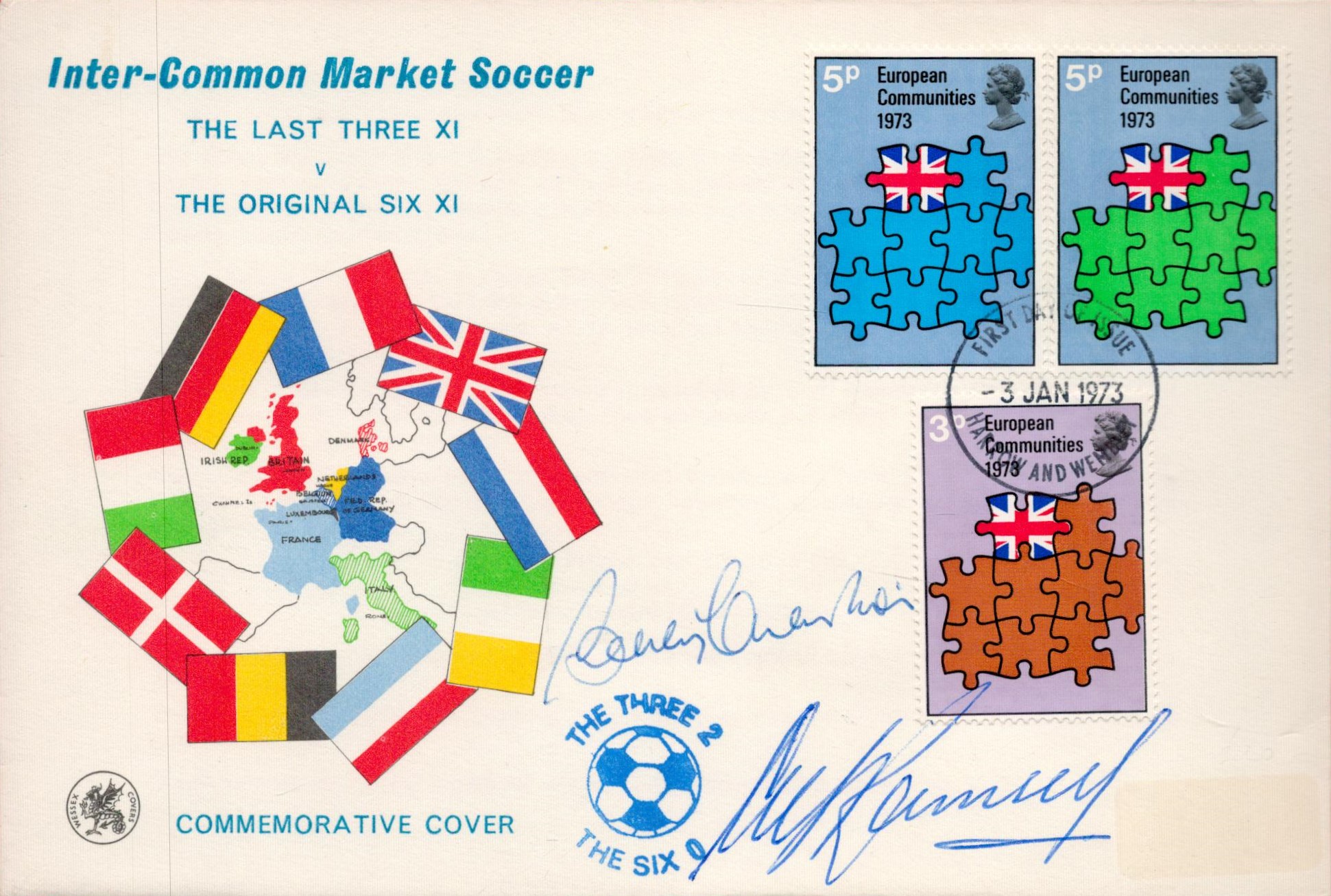 Alf Ramsey and Bobby Charlton Signed Inter Common Market Soccer Commemorative Cover. Rare Postmark