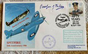 Great War fighter ace Lord Balfour of Inchrye signed 50th ann Spitfire RAF flown cover. Good