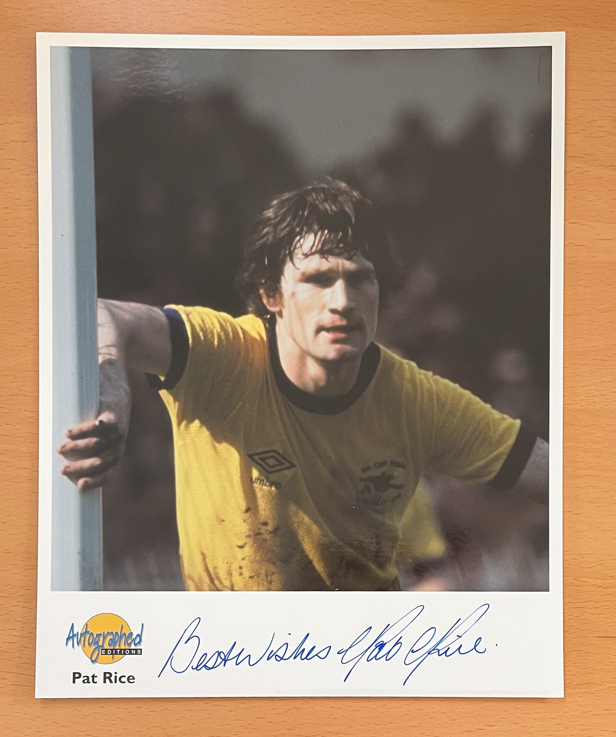 Football. Pat Rice Signed 10x8 colour Autographed Editions page. Bio description on the rear.