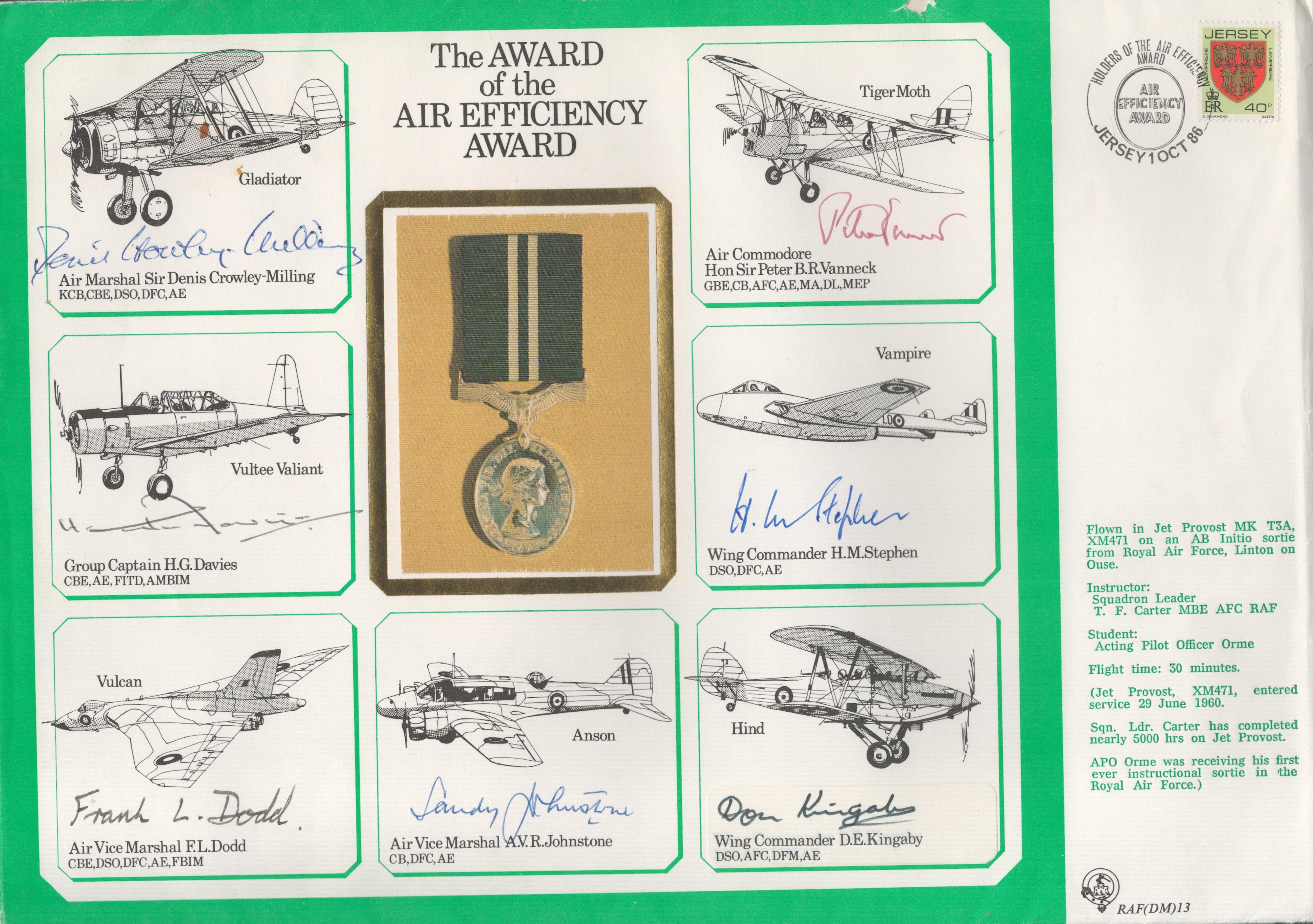 WW2 DM Medals Cover. 7 signatures including a rare signature. Flown in a Jet Provost Mk T3A.