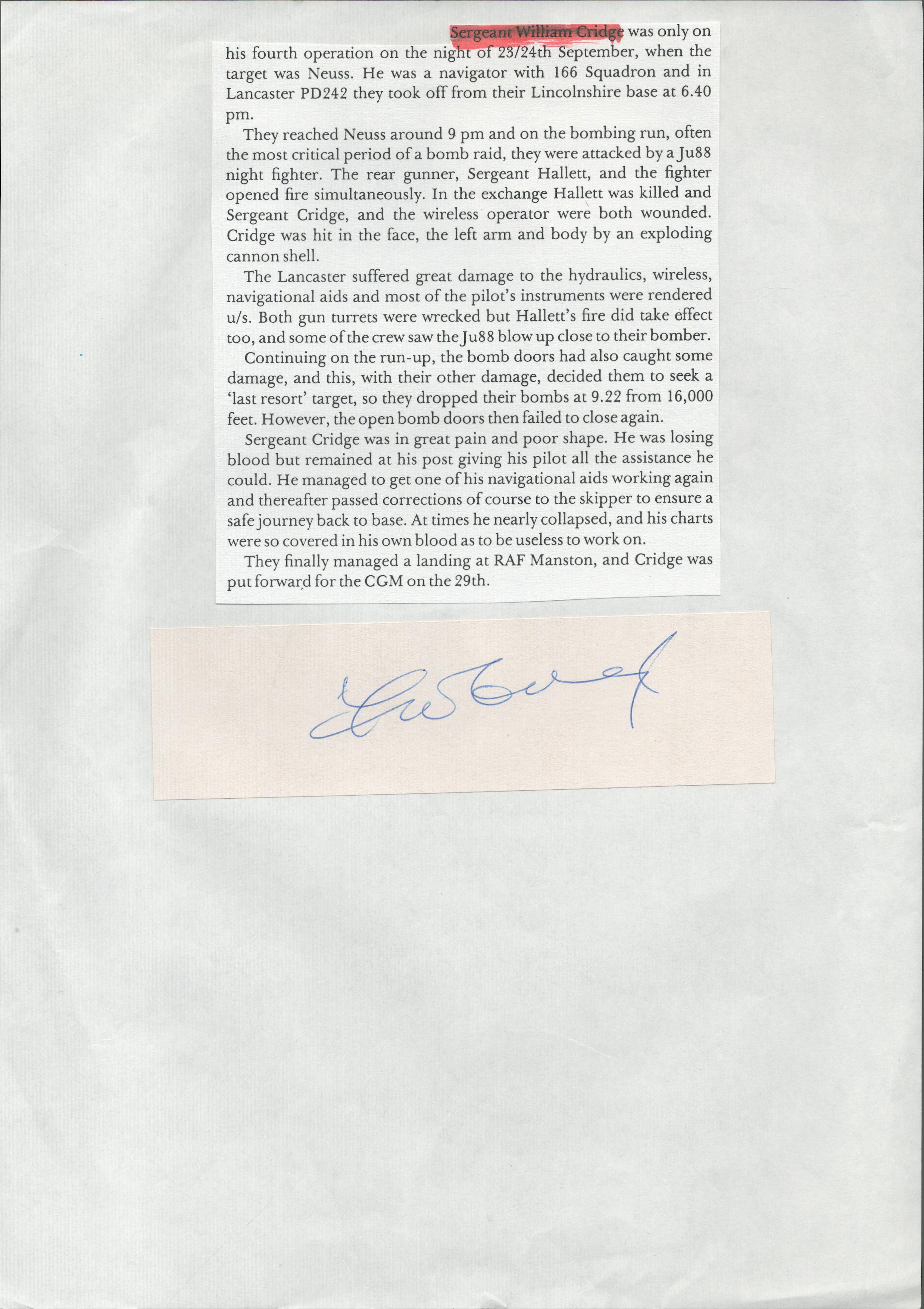 WW2 Sergeant William Cridge Hand signed Signature card with war bio attached to A4 Paper. All