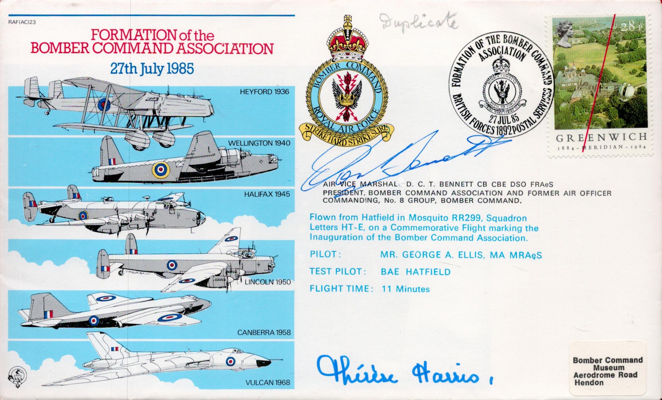 WW2 AVM Don Bennett and Therese (Jillie) Harris Signed Bomber Command FDC. British stamp with 27 Jul