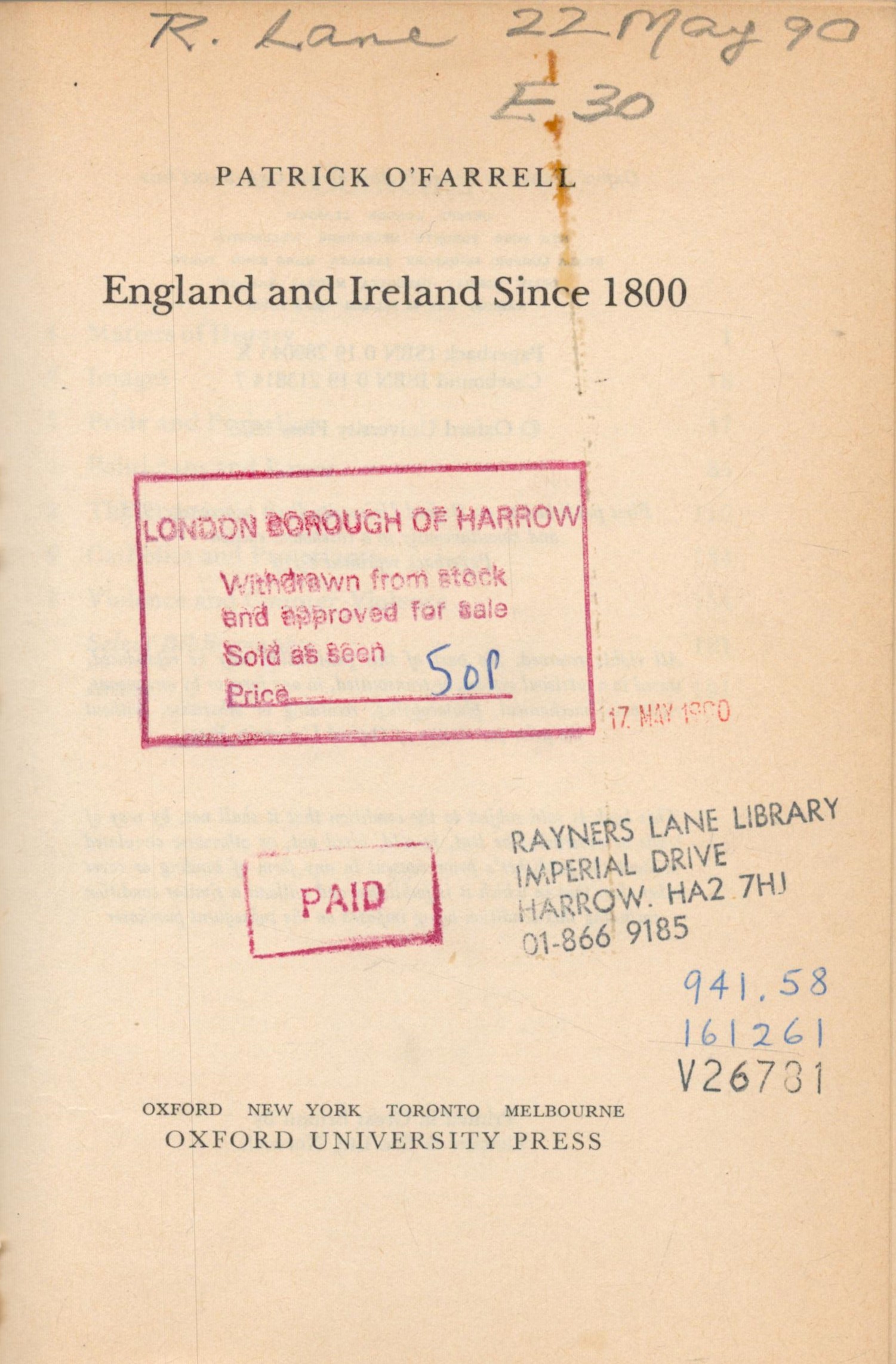 England and Ireland since 1800 by Patrick O'Farrell 1979 Second Paperback Edition Softback Book with - Image 2 of 3