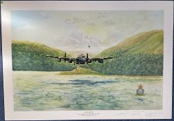 WW2 Colour Print Lancaster by Barrie Slatter Multi Signed by Harry Johnson, Colin Cole, John Bell,