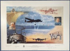 WW2 Colour Print Operation Chastise by John Young Multi Signed by Les Munro, Geo Johnnie Johnson,