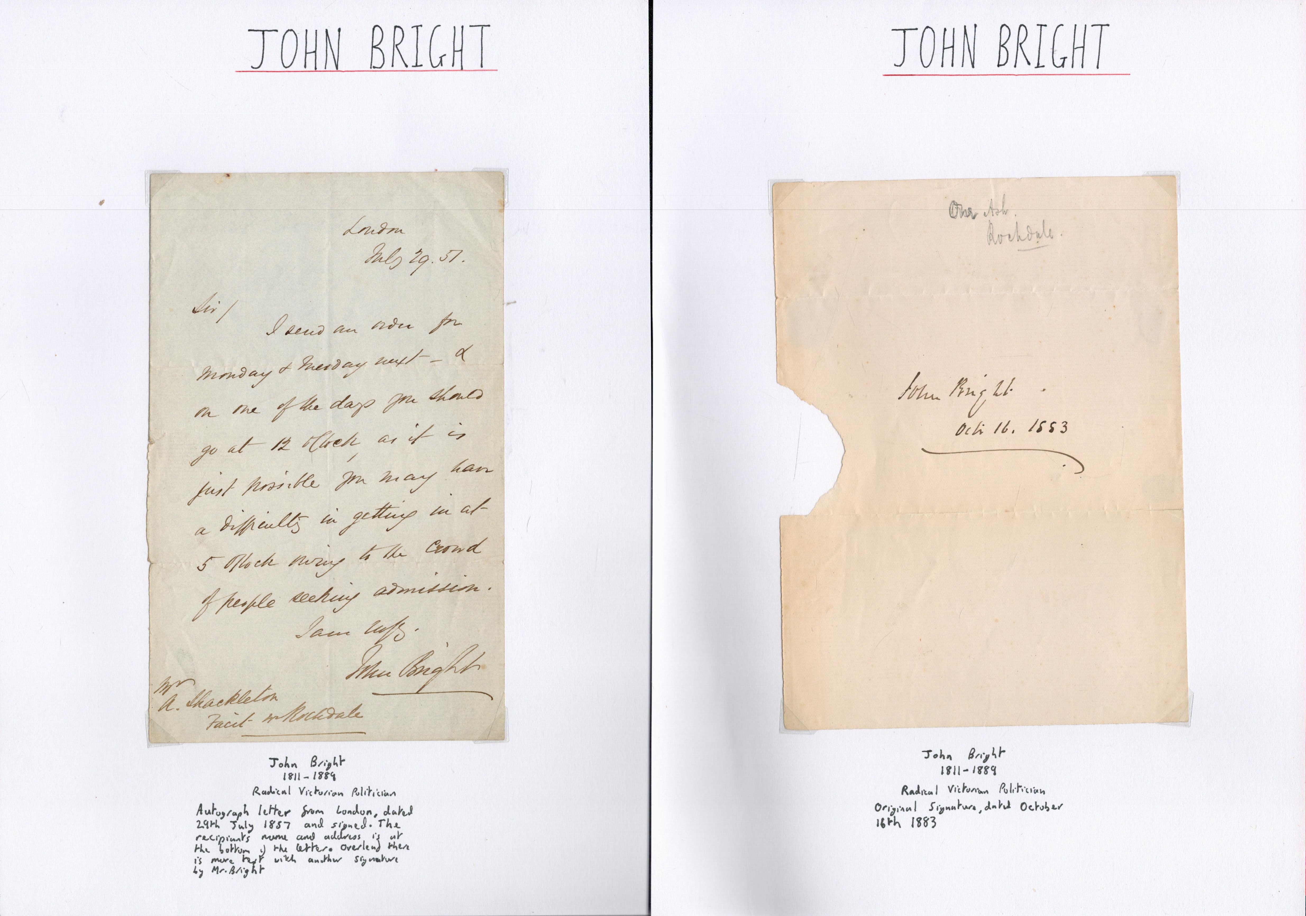 John Bright ALS dated 29/7/1857. Radical politician. Good condition. All autographs come with a