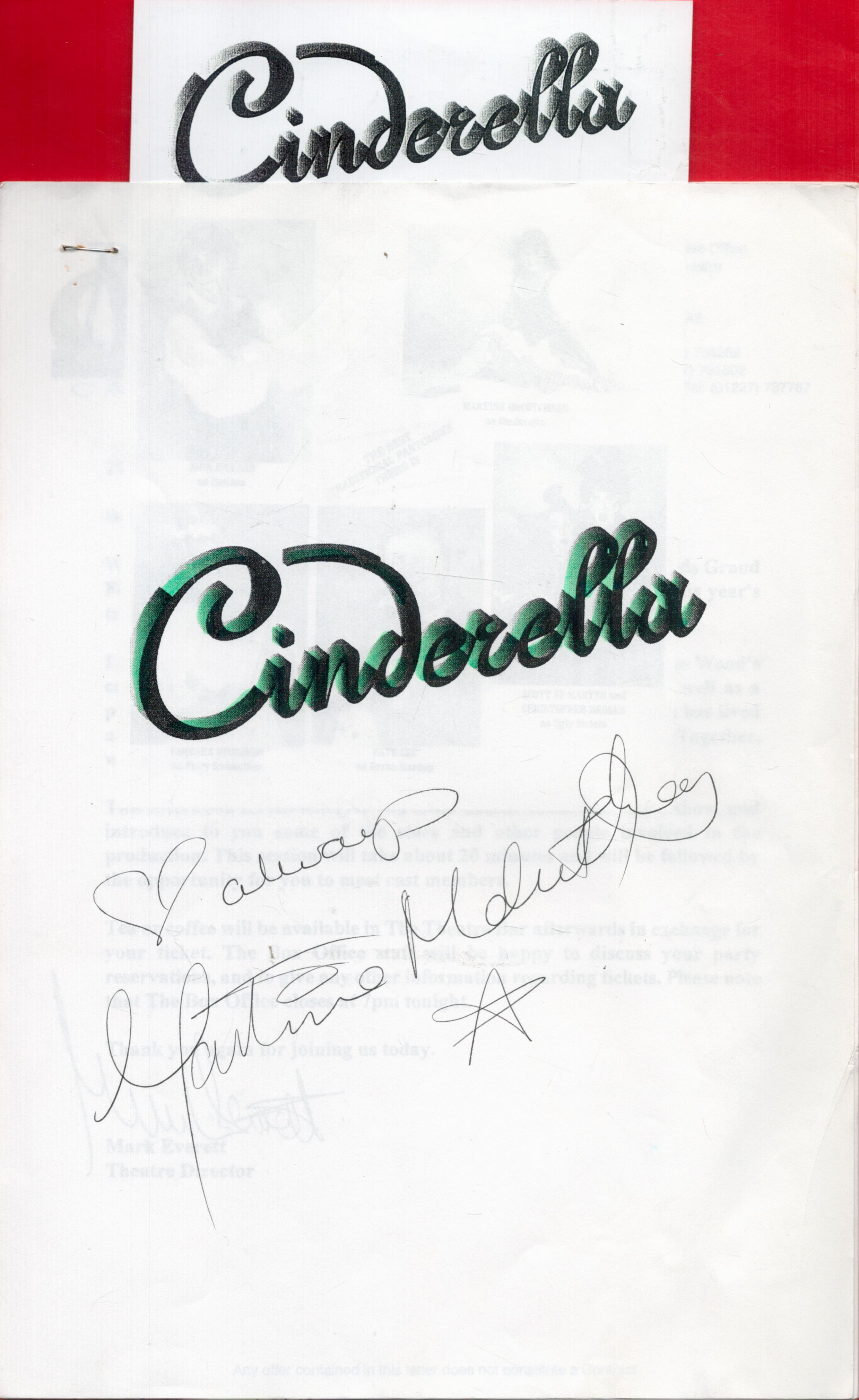 Martine McCutcheon signed Cinderella Panto booklet and unsigned leaflet of cast. Good condition. All
