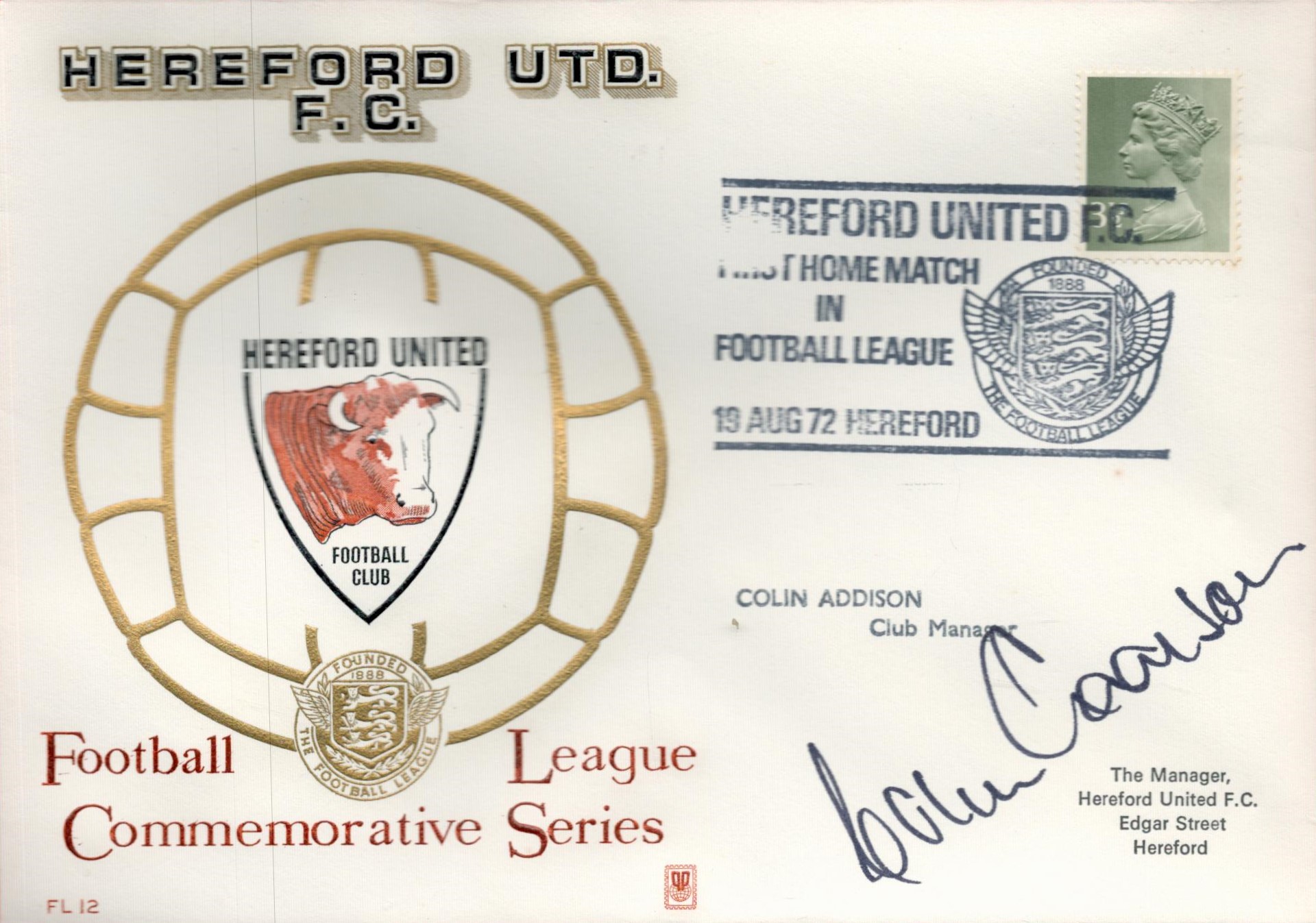 Colin Addison signed Hereford United F.C Football League Commemorative Series Dawn FDC pm Hereford
