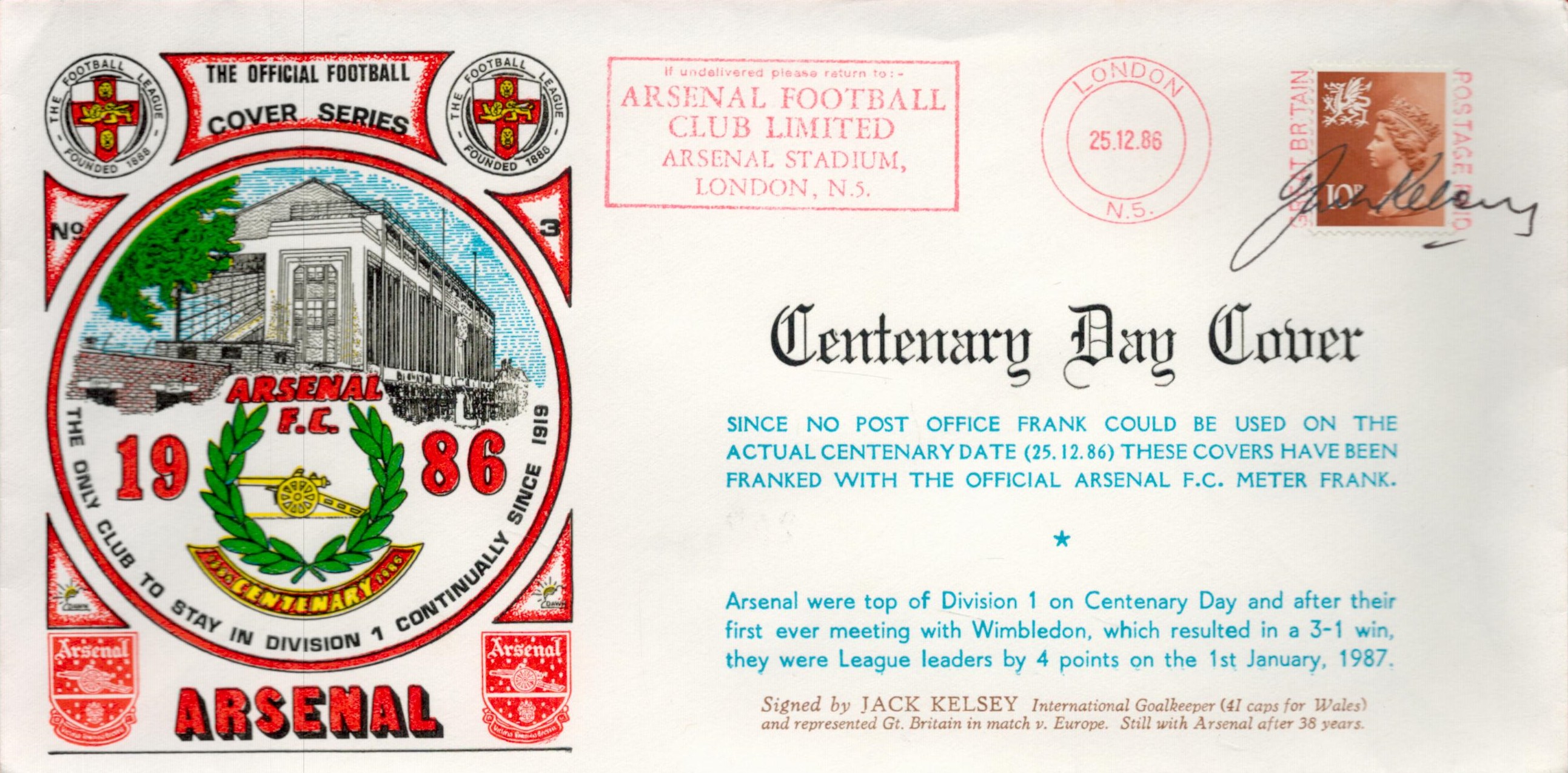 Jack Kelsey Signed Arsenal FC Cover Series With British Stamp and 25/1286 Postmark. Good