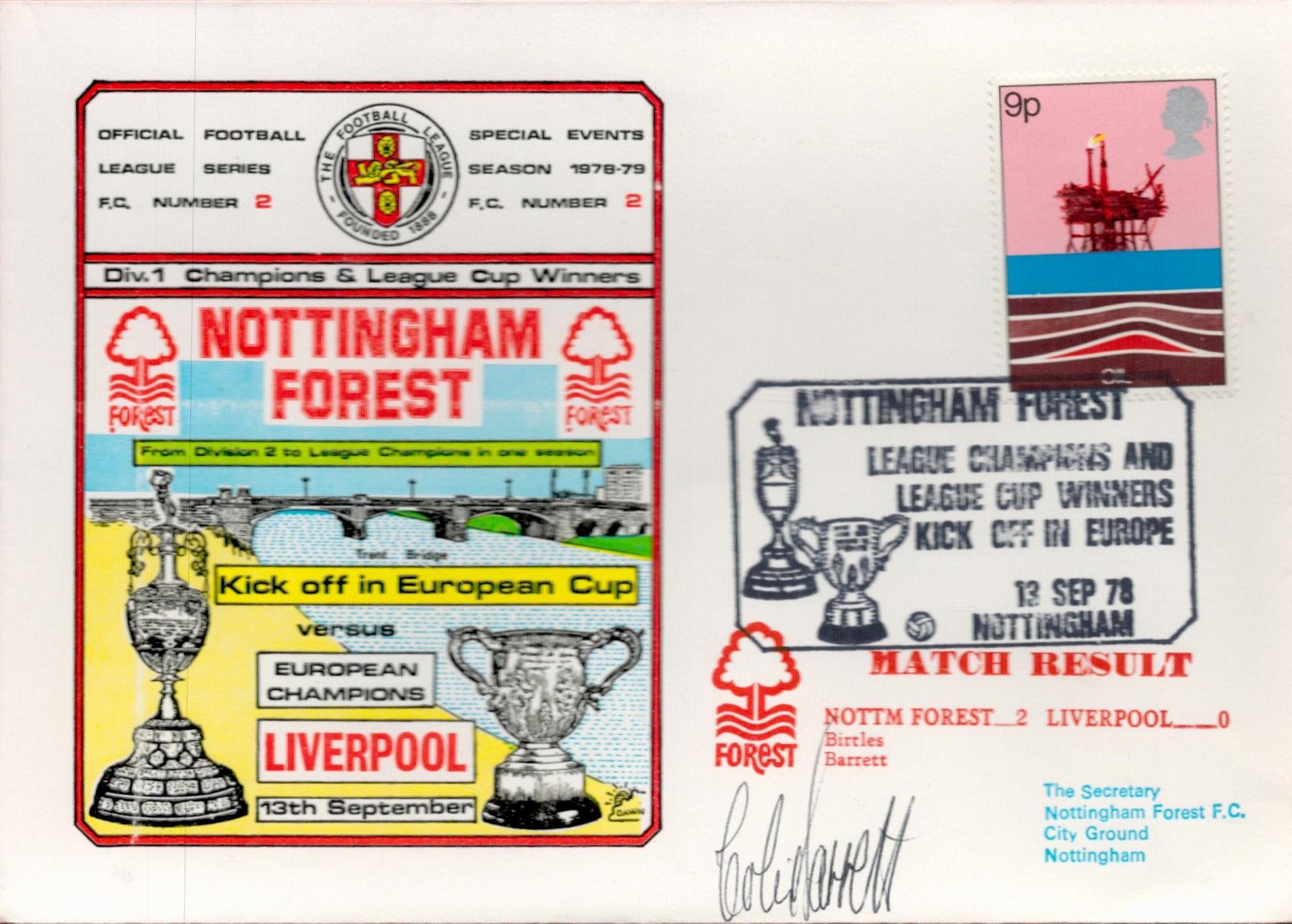 Colin Barrett signed Nottingham Forest v Liverpool Div. 1 and League Cup Winners 1978 Dawn Covers PM