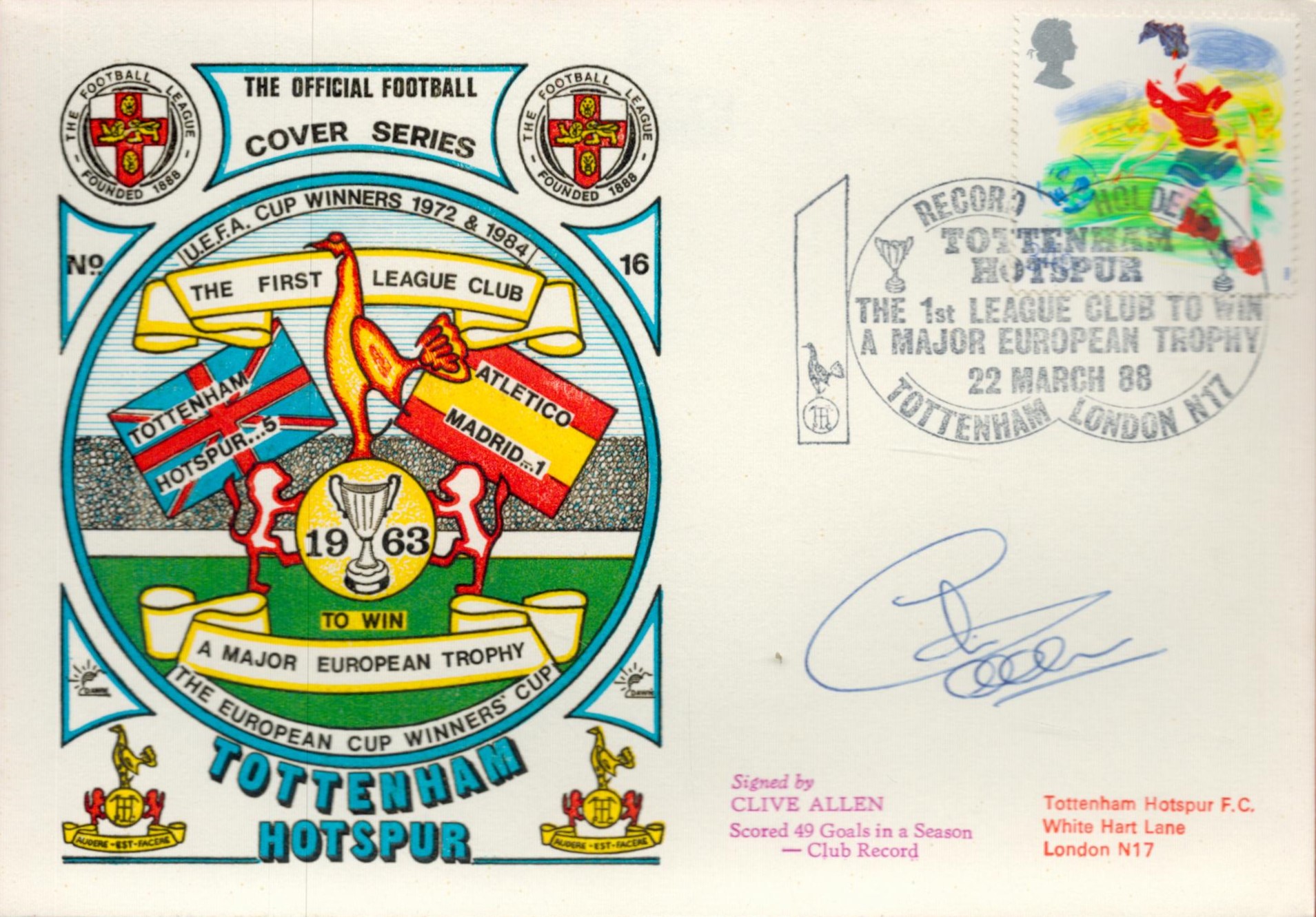 Clive Allen signed European Cup Winners Cup Tottenham Hotspur v Athletico Madrid 1988 Dawn FDC PM