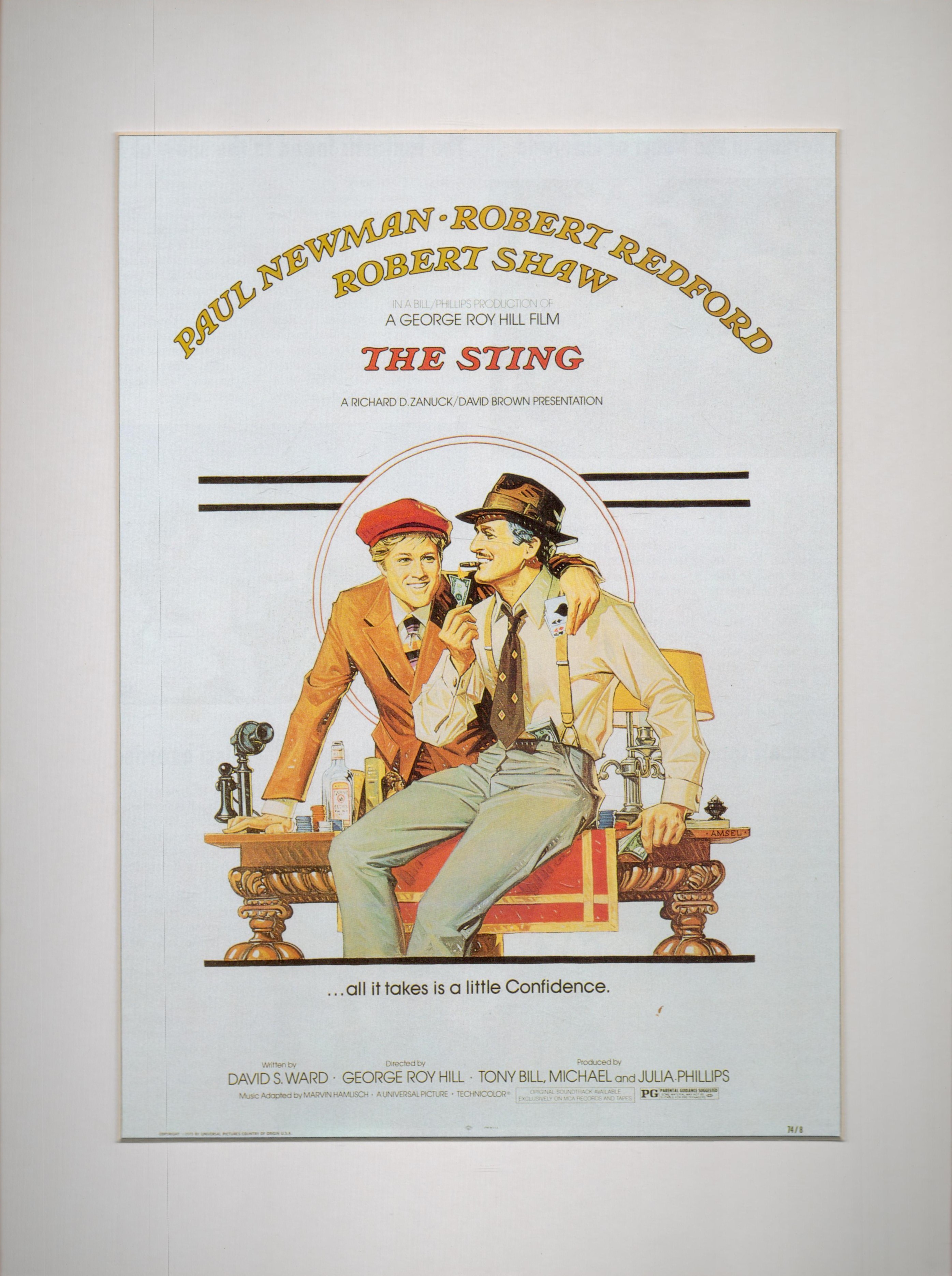 The Sting Starring Paul Newman colour Magazine Cutting, attached to Board, further attached to card.