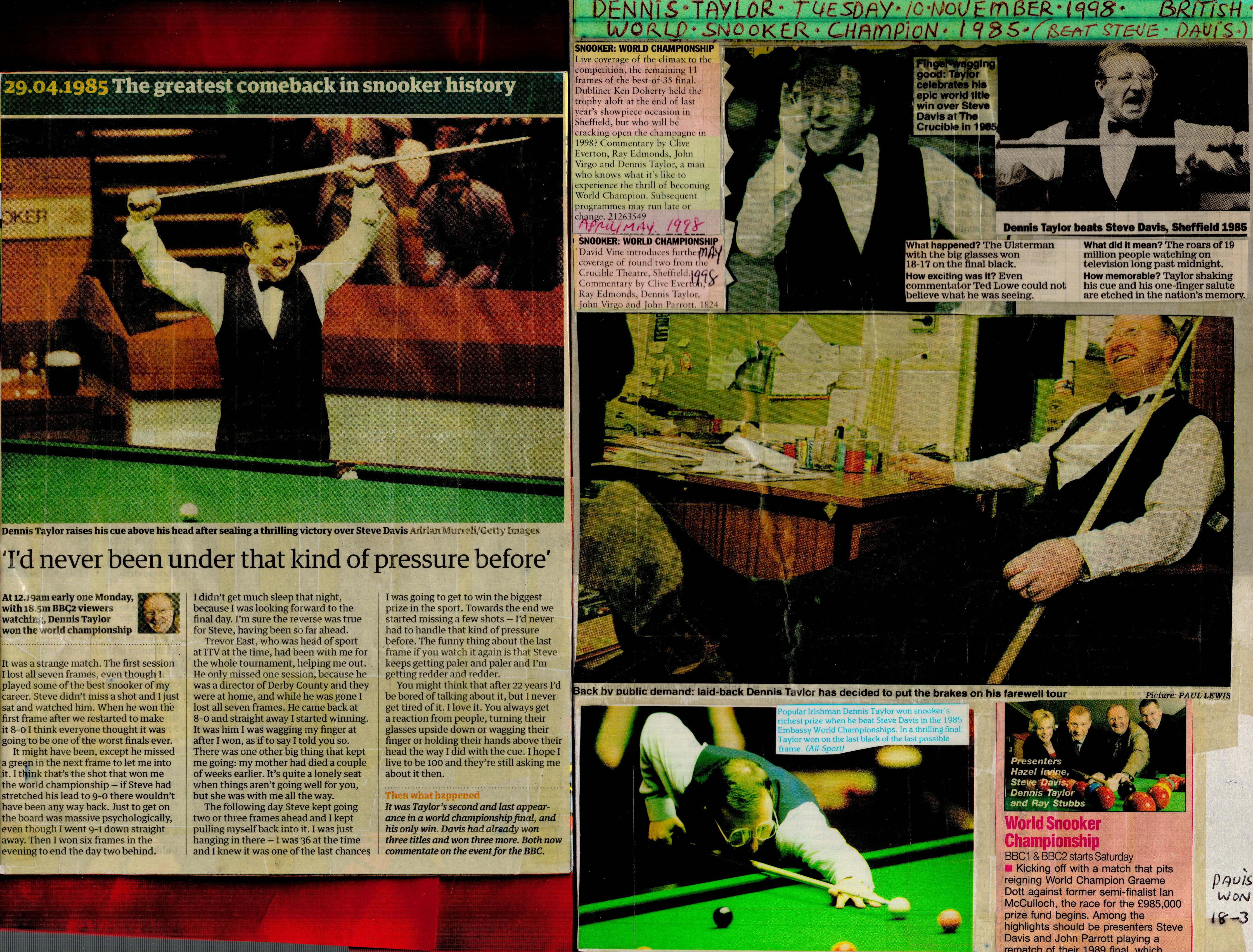 Snooker Dennis Taylor signed 11x8 colour photo dedicated. Good Condition. All autographs come with a