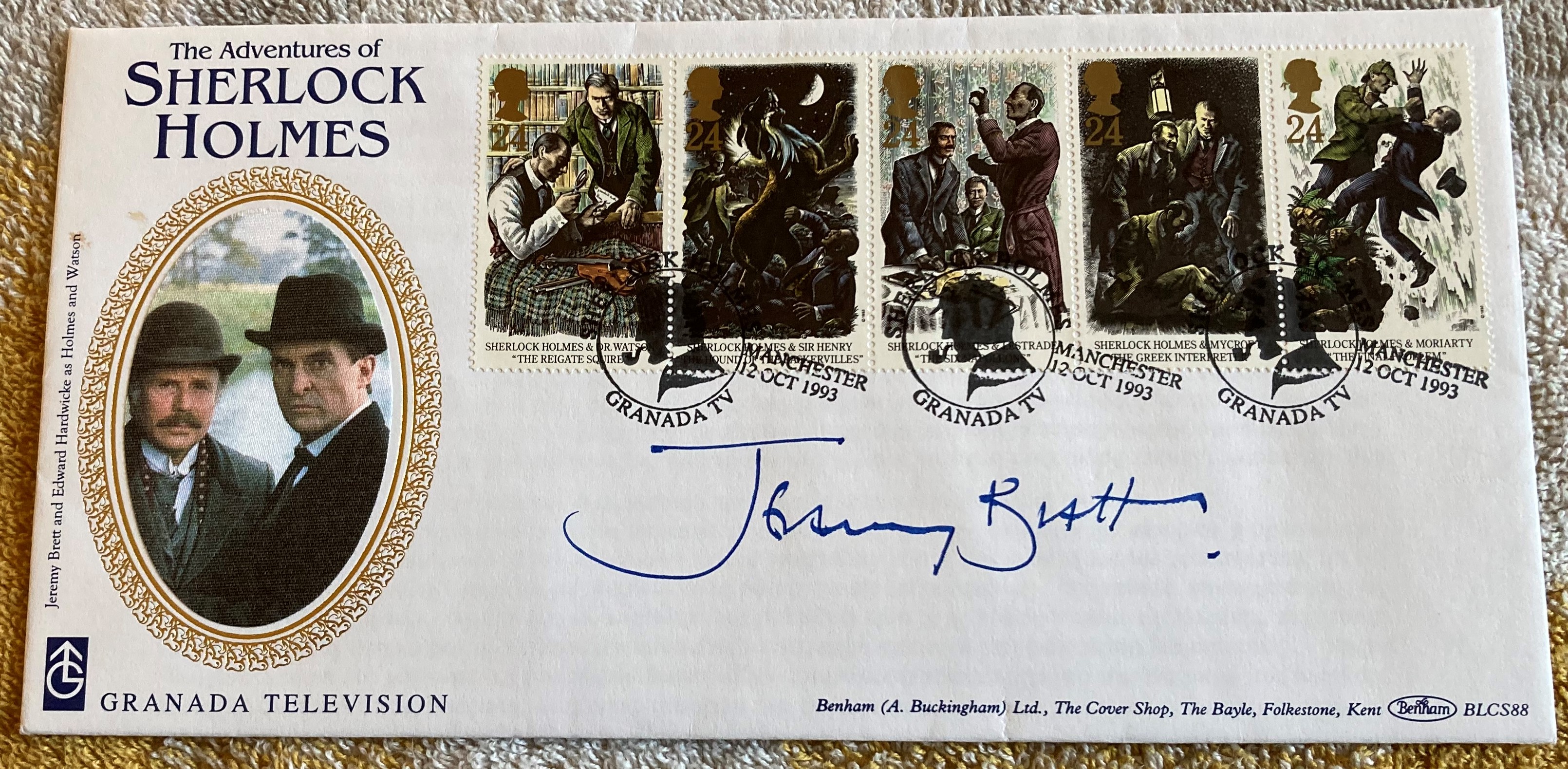 Sherlock Holmes Jeremy Brett signed 1993 Benham official Granada TV Sherlock Holmes FDC BLCS88. Rare