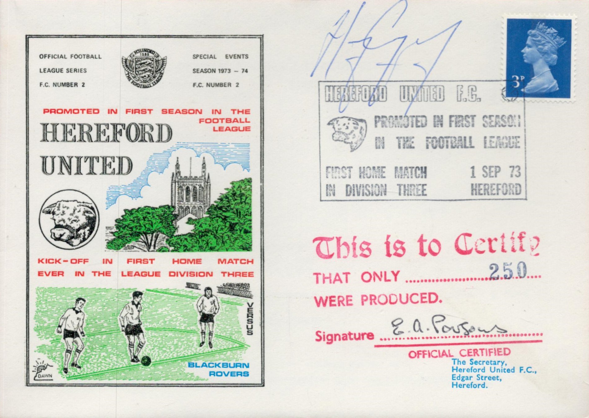 E A Parsons Signed Hereford Utd FDC With British Stamp and 1 Sept 73 Postmark. Good Condition. All