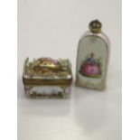 A 19th century porcelain scent bottle, 6.5cm; and a 'Dresden' pill box painted with a young couple