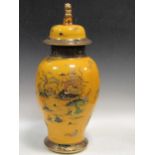 A large Carlton ware temple vase and cover in yellow Chinoiserie temple pattern 64cm highCondition