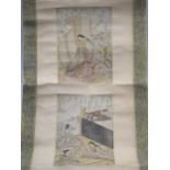 A Japanese scroll mounted with two small coloured engravings of traditional dress figures, 19th