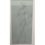 A female nude study in pencil on blue paper by Richard Sell,