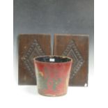 Papier mache painted bucket with the Royal Crest and pair of oak panels