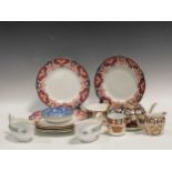 A Jackfield glaze cow creamer, a small quantity of Royal Crown Derby and other Imari wares, two