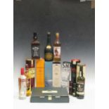 A colection of mixed alcohol to include whiskey tasting selection, whiskey, cava and port
