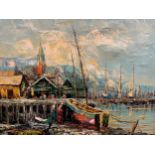 Harbour scene, possibly Switzerland, oil on canvas