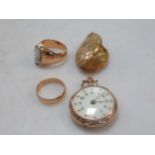 A cameo ring tested as 18ct gold, a wedding ring tested as 18ct gold, a locket tested as 18ct gold
