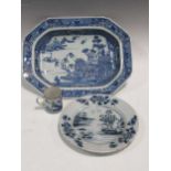 A Delft blue and white plate together with a Chinese Export blue and white platter and a similar