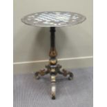 Black laquer chess top table with mother of pearl, 76 x 61 cm
