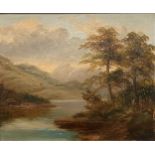 British 20th century, river scene with mountains beyond, oil on board, 24 x 29cm together with