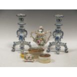 A pair of blue & white faïence candlesticks, together with a Coalbrookdale type pot-pourri jar and