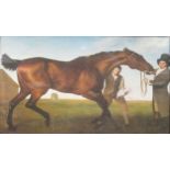 Print of a racing horse with groom and rider, 34.5 x 58 cm