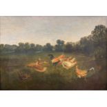 A C Duvall, Chickens in a farmyard landscape, signed and dated 'Sketch / A. C. Duvall / 1883' (lower