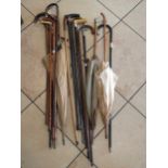 6 silver mounted walking sticks, together with 8 other walking sticking including one with a cast